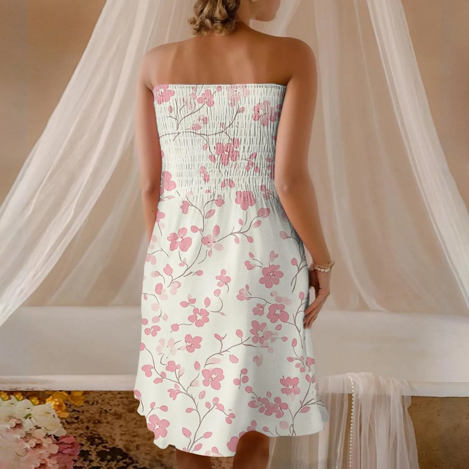 Women's Floral Tube Top Dress Cute Strapless Dress A Line Beach Vacation Sundress Smocked Boho Summer Sundresses