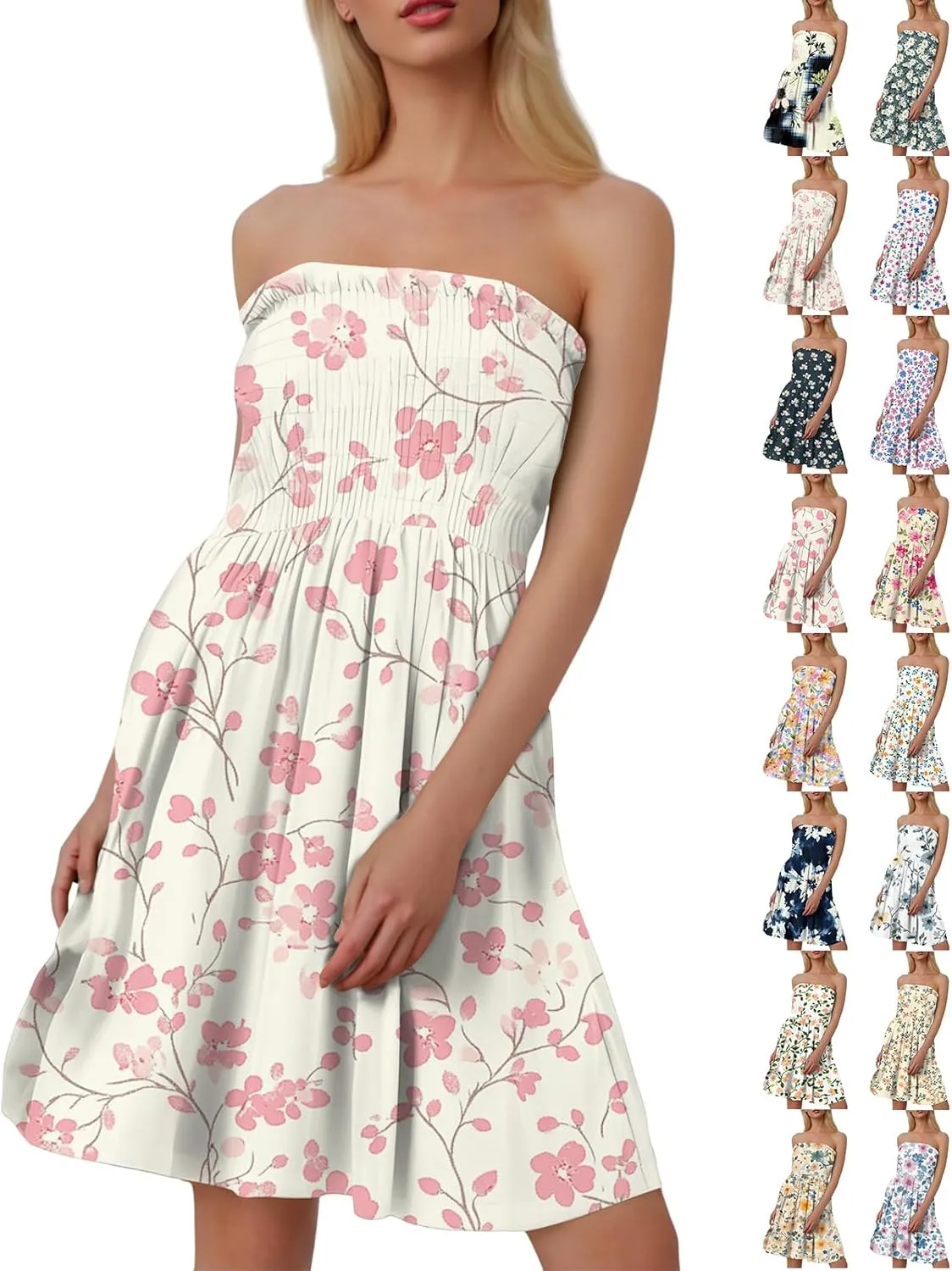 Women's Floral Tube Top Dress Cute Strapless Dress A Line Beach Vacation Sundress Smocked Boho Summer Sundresses