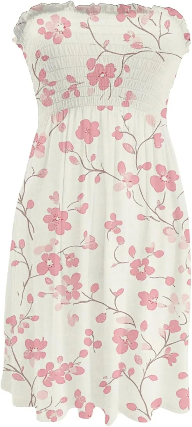 Women's Floral Tube Top Dress Cute Strapless Dress A Line Beach Vacation Sundress Smocked Boho Summer Sundresses