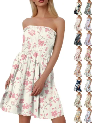 Women's Floral Tube Top Dress Cute Strapless Dress A Line Beach Vacation Sundress Smocked Boho Summer Sundresses