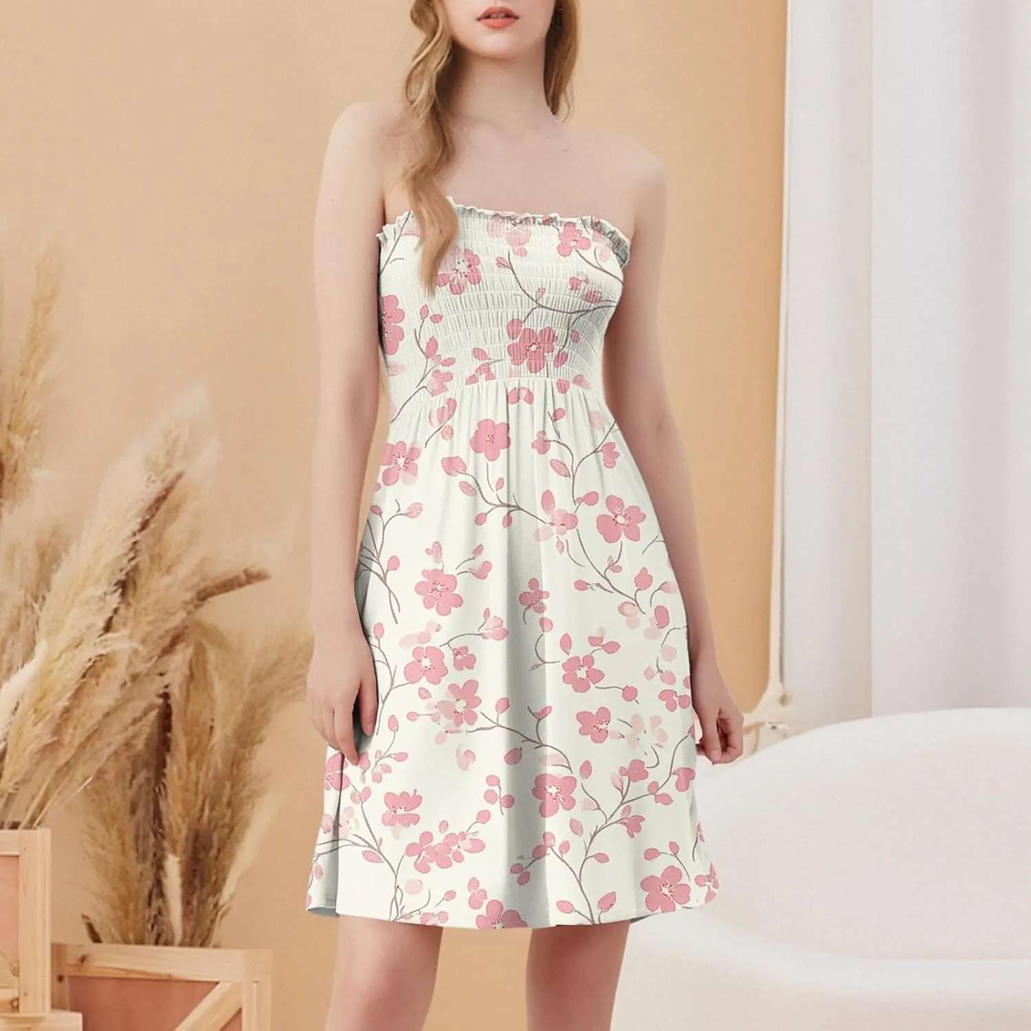 Women's Floral Tube Top Dress Cute Strapless Dress A Line Beach Vacation Sundress Smocked Boho Summer Sundresses