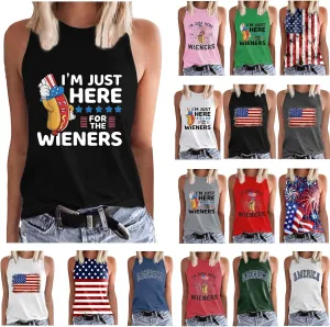 Womens I'm Just Here for The Wieners Tank Tops 4th of July Shirts American Flag Patriotic Plus Size Sleeveless Tee