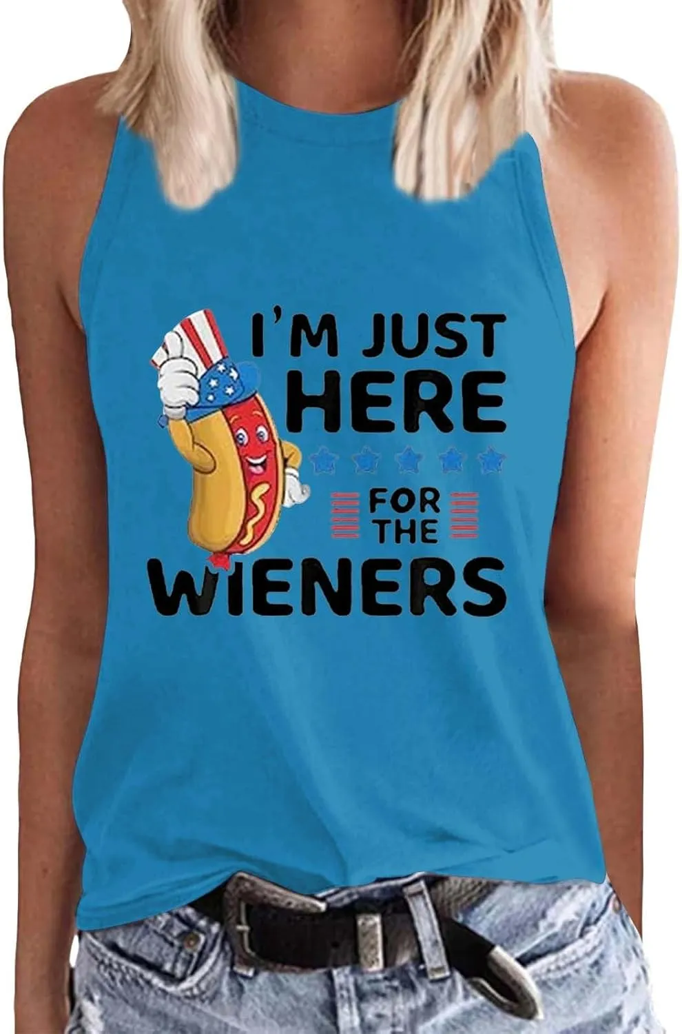 Womens I'm Just Here for The Wieners Tank Tops 4th of July Shirts American Flag Patriotic Plus Size Sleeveless Tee