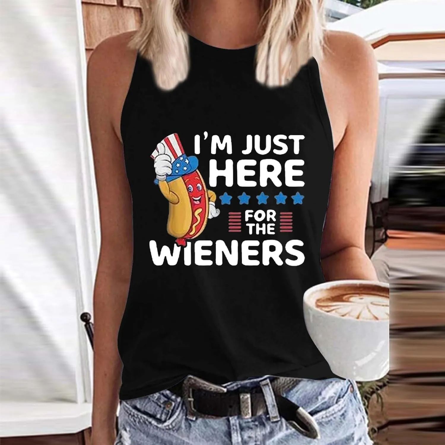 Womens I'm Just Here for The Wieners Tank Tops 4th of July Shirts American Flag Patriotic Plus Size Sleeveless Tee