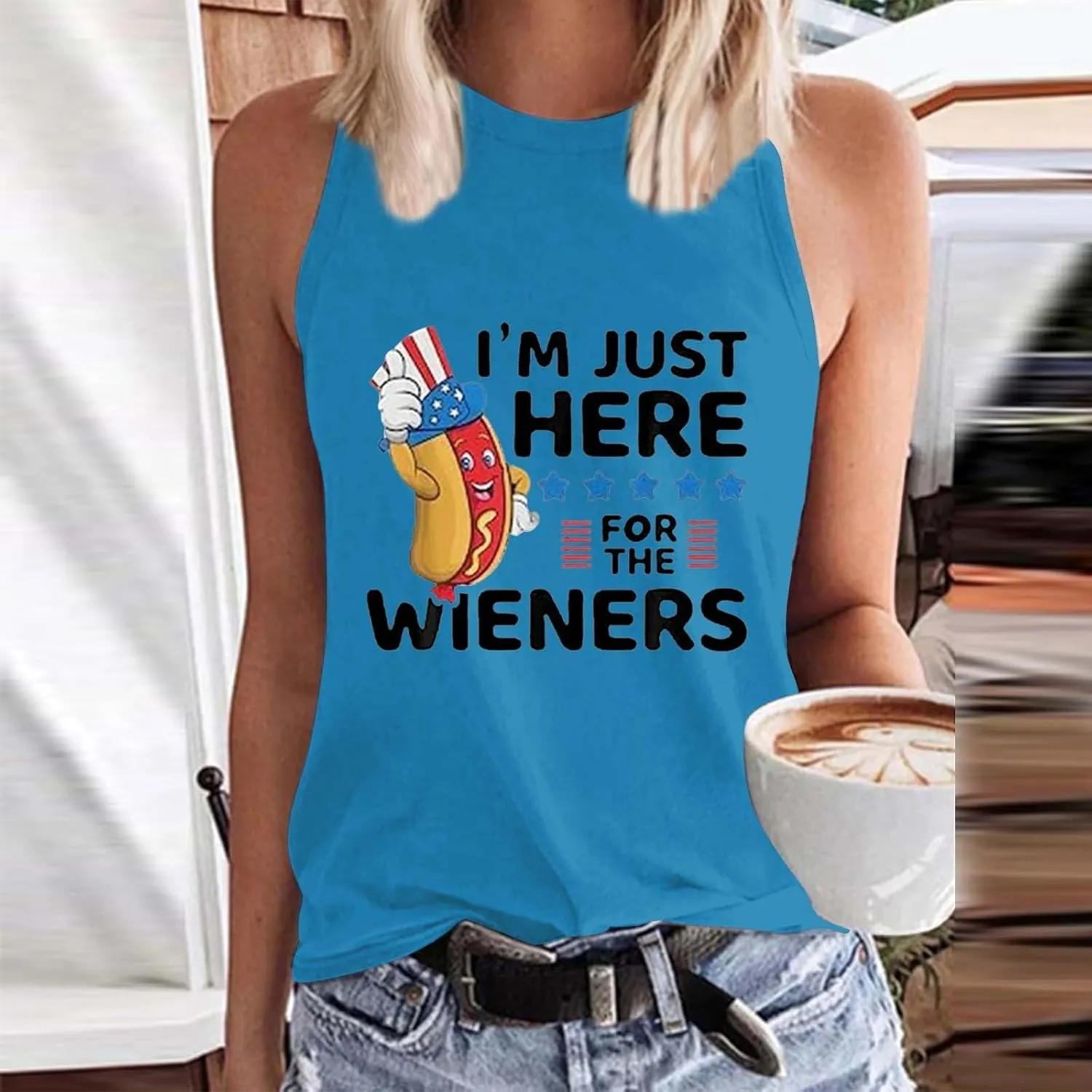 Womens I'm Just Here for The Wieners Tank Tops 4th of July Shirts American Flag Patriotic Plus Size Sleeveless Tee