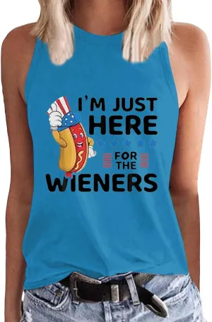 Womens I'm Just Here for The Wieners Tank Tops 4th of July Shirts American Flag Patriotic Plus Size Sleeveless Tee