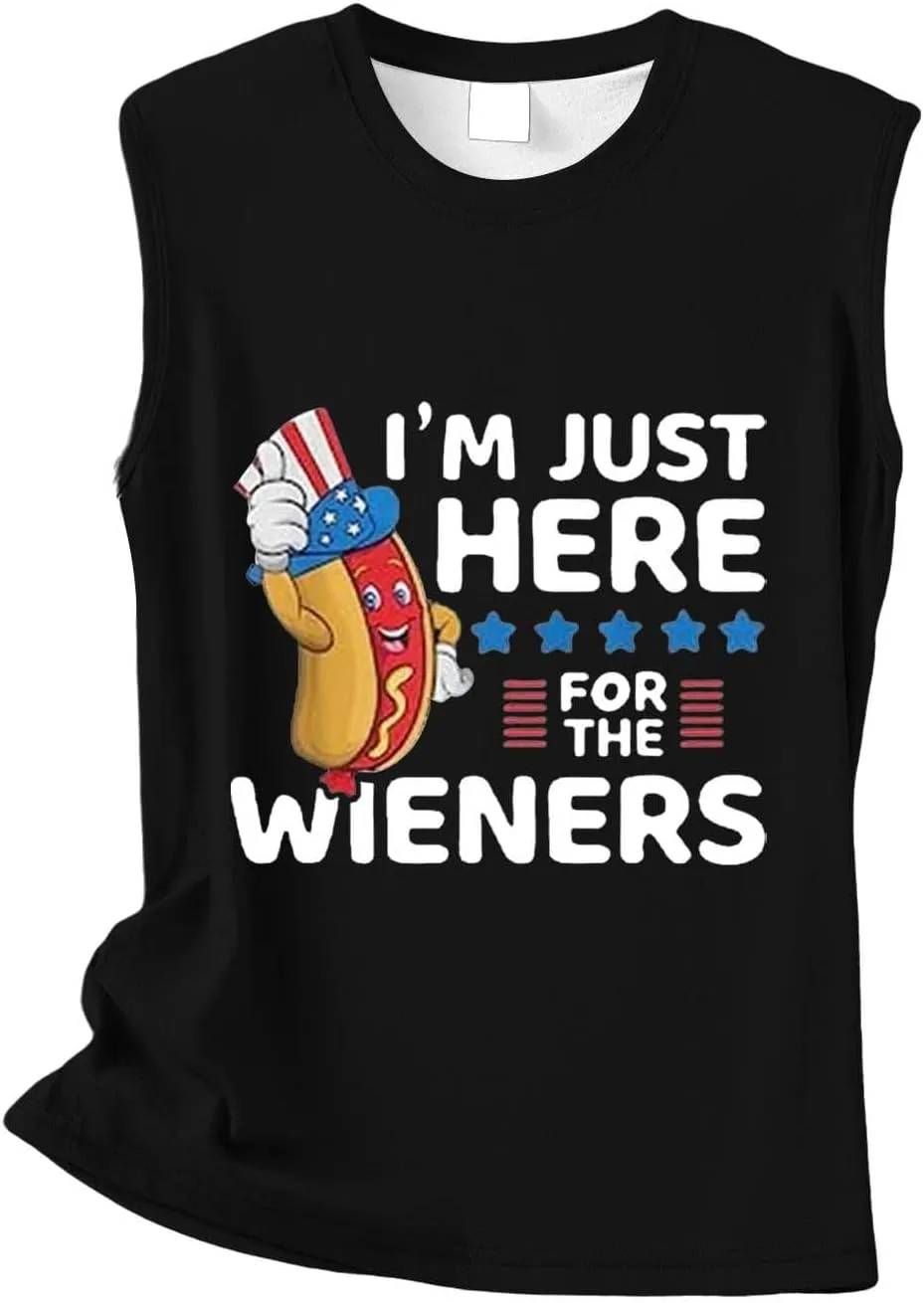 Womens I'm Just Here for The Wieners Tank Tops 4th of July Shirts American Flag Patriotic Plus Size Sleeveless Tee