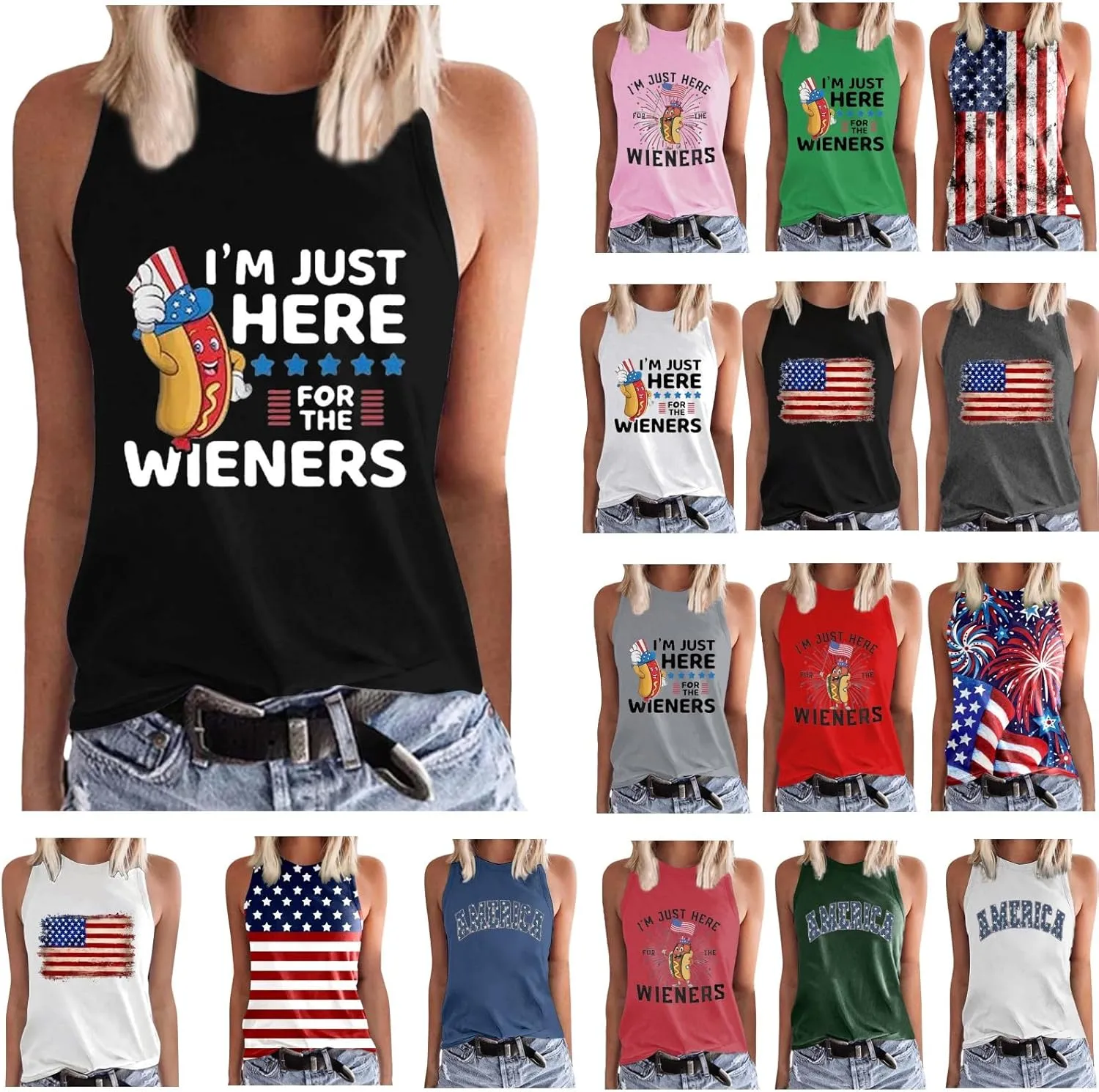 Womens I'm Just Here for The Wieners Tank Tops 4th of July Shirts American Flag Patriotic Plus Size Sleeveless Tee