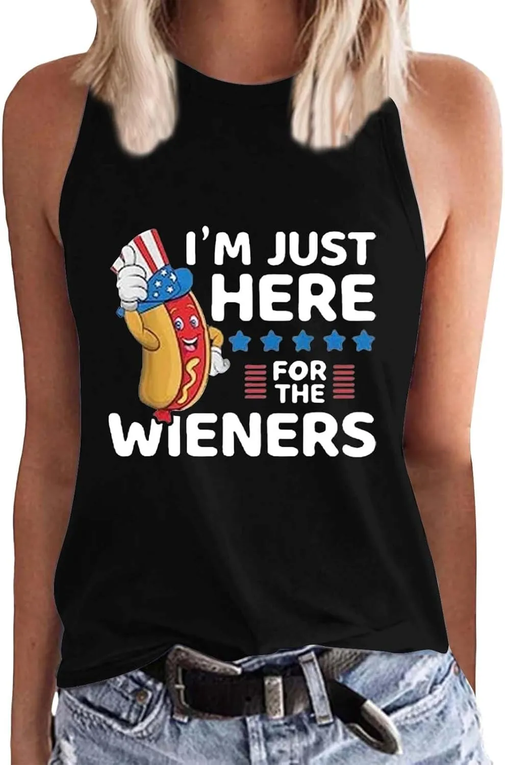 Womens I'm Just Here for The Wieners Tank Tops 4th of July Shirts American Flag Patriotic Plus Size Sleeveless Tee