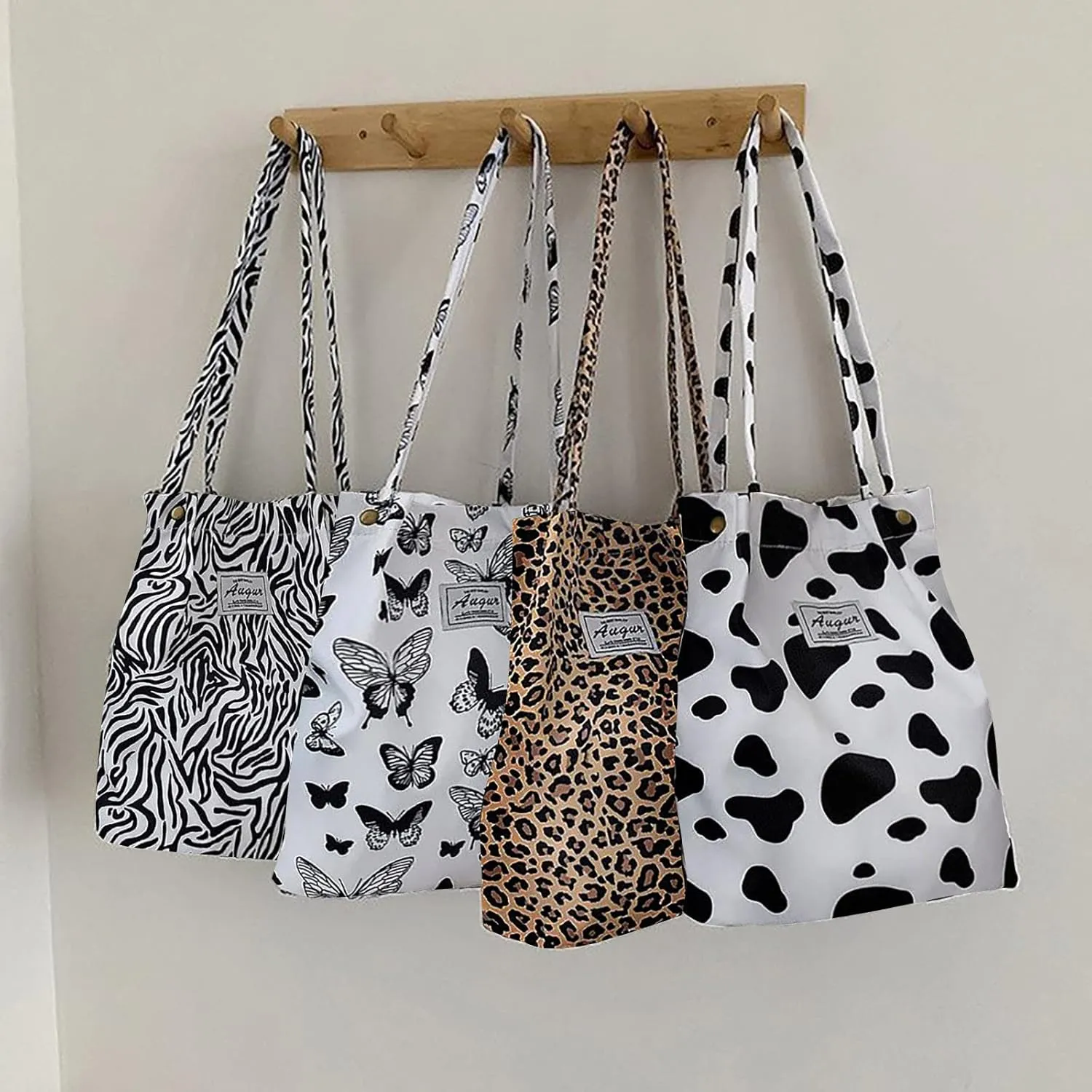 Women's Korean Version Cow Butterfly Printed Shoulder Bags Student Retro Canvas Bag Canvas Shoulder Bag (C, One Size)