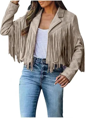 Womens Leather Jacket Cropped Faux Suede Tassel Jacket Vintage Lapel Long Sleeve Coat Motorcycle Jackets Outerwear