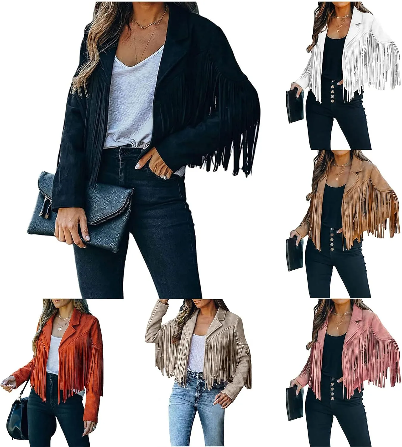 Womens Leather Jacket Cropped Faux Suede Tassel Jacket Vintage Lapel Long Sleeve Coat Motorcycle Jackets Outerwear