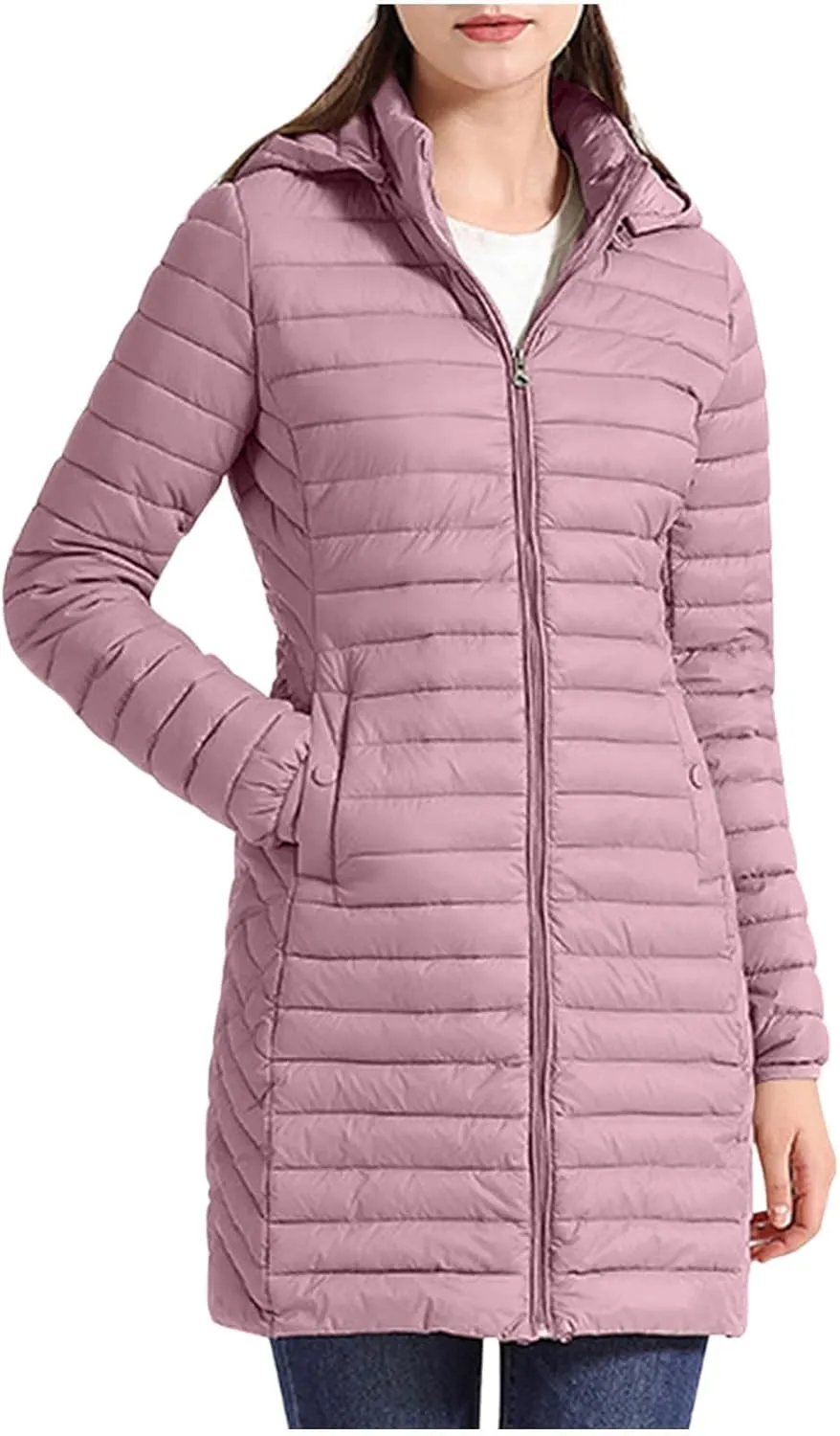 Women's Lightweight Puffer Jackets Winter Warm Long Sleeve Zip Quilted Padded Jacket Plus Size Down Jackets With Hood