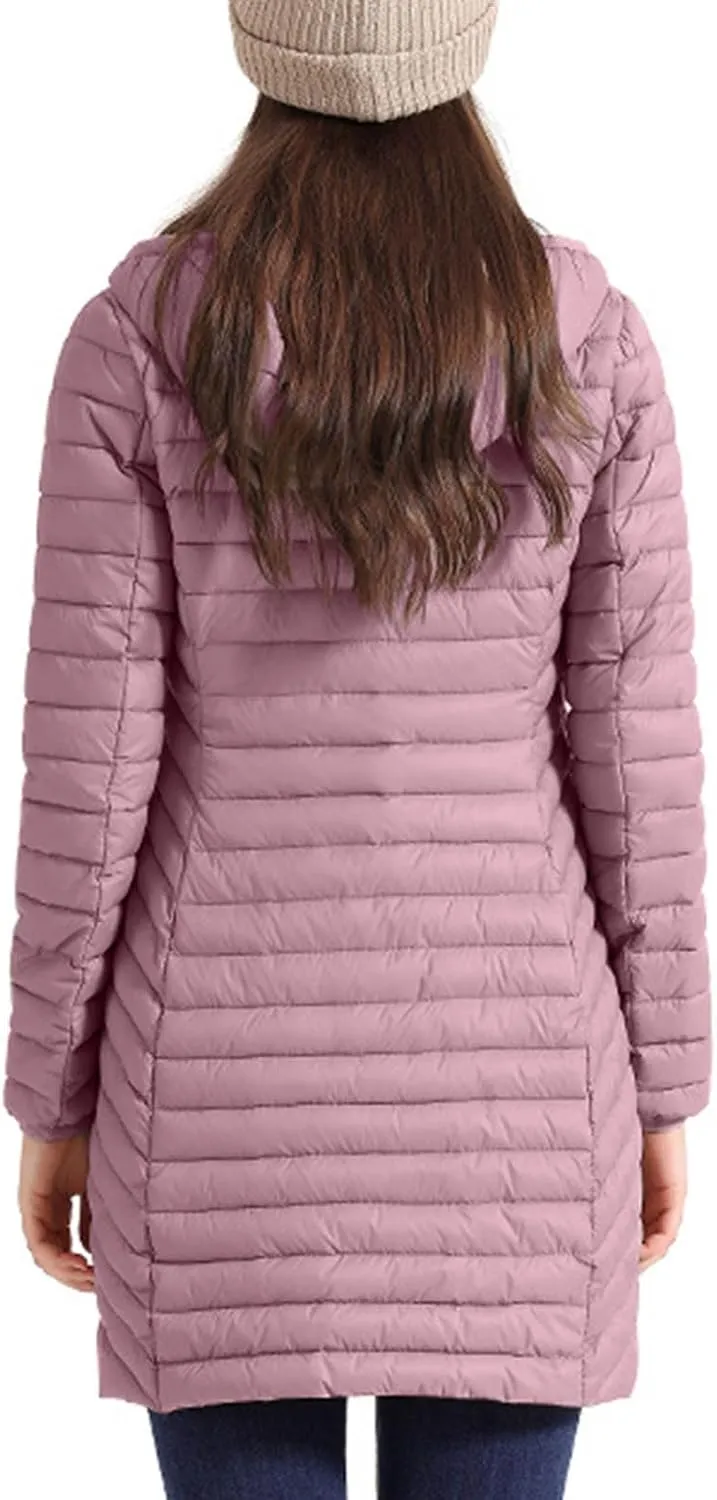 Women's Lightweight Puffer Jackets Winter Warm Long Sleeve Zip Quilted Padded Jacket Plus Size Down Jackets With Hood
