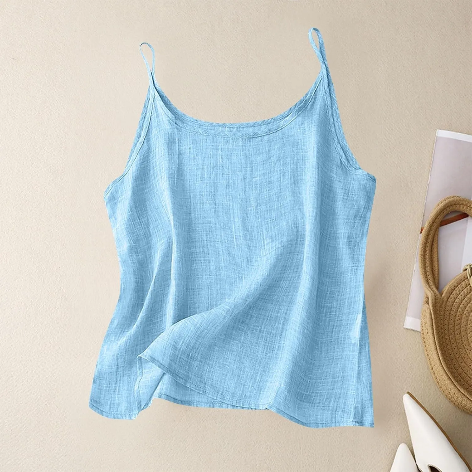 Womens Linen Tank Top Sleeveless Spaghetti Strap Top Casual Solid Color Tops Dressy Fashion Tops Summer Flowy Tank Top