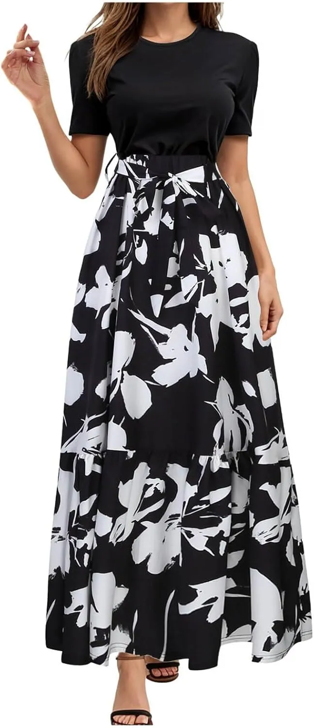 Women's Maxi Dress Floral Print Wrap Short Sleeve Summer Dresses High Waist Swing A Line Sundress Beach Vacaton Outfit 2025