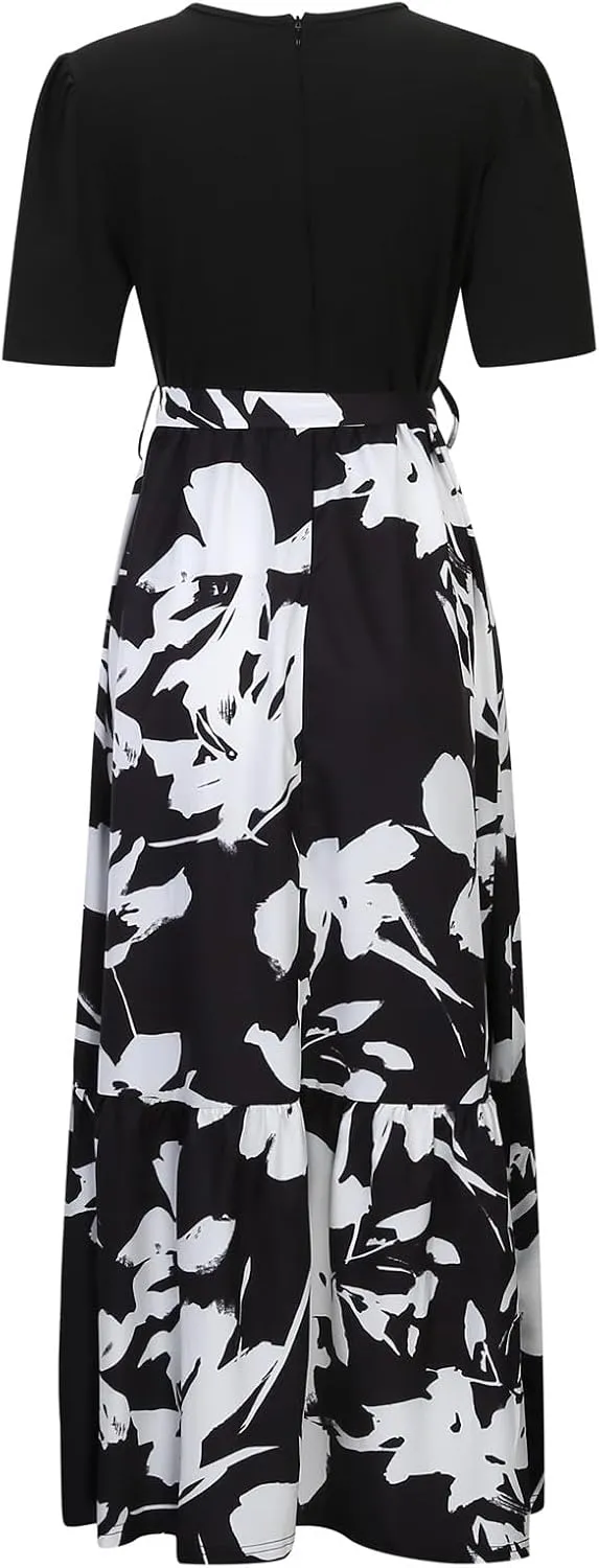Women's Maxi Dress Floral Print Wrap Short Sleeve Summer Dresses High Waist Swing A Line Sundress Beach Vacaton Outfit 2025