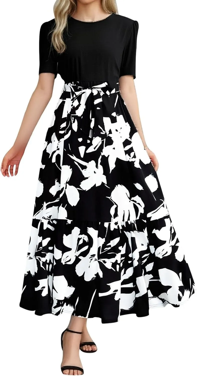 Women's Maxi Dress Floral Print Wrap Short Sleeve Summer Dresses High Waist Swing A Line Sundress Beach Vacaton Outfit 2025