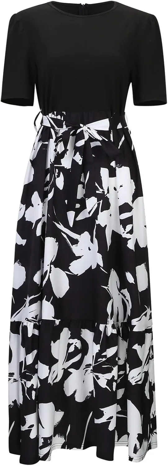Women's Maxi Dress Floral Print Wrap Short Sleeve Summer Dresses High Waist Swing A Line Sundress Beach Vacaton Outfit 2025