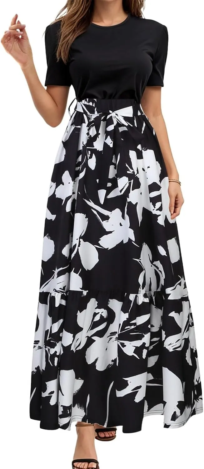 Women's Maxi Dress Floral Print Wrap Short Sleeve Summer Dresses High Waist Swing A Line Sundress Beach Vacaton Outfit 2025