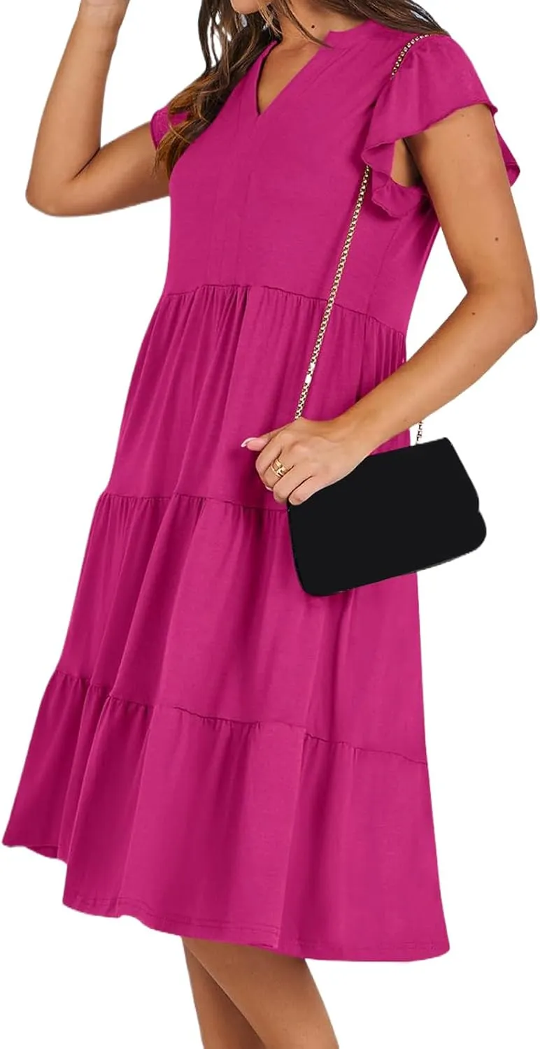 Womens Midi Dress Casual Summer Ruffle Sleeve V Neck Trendy Tiered Flowy Boho Dresses 2025 Vacation Sundress