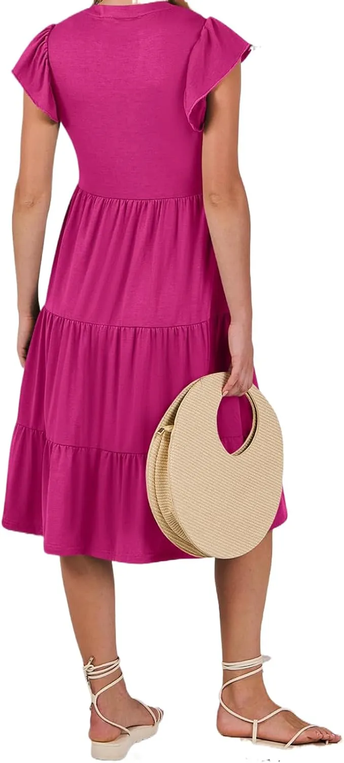 Womens Midi Dress Casual Summer Ruffle Sleeve V Neck Trendy Tiered Flowy Boho Dresses 2025 Vacation Sundress