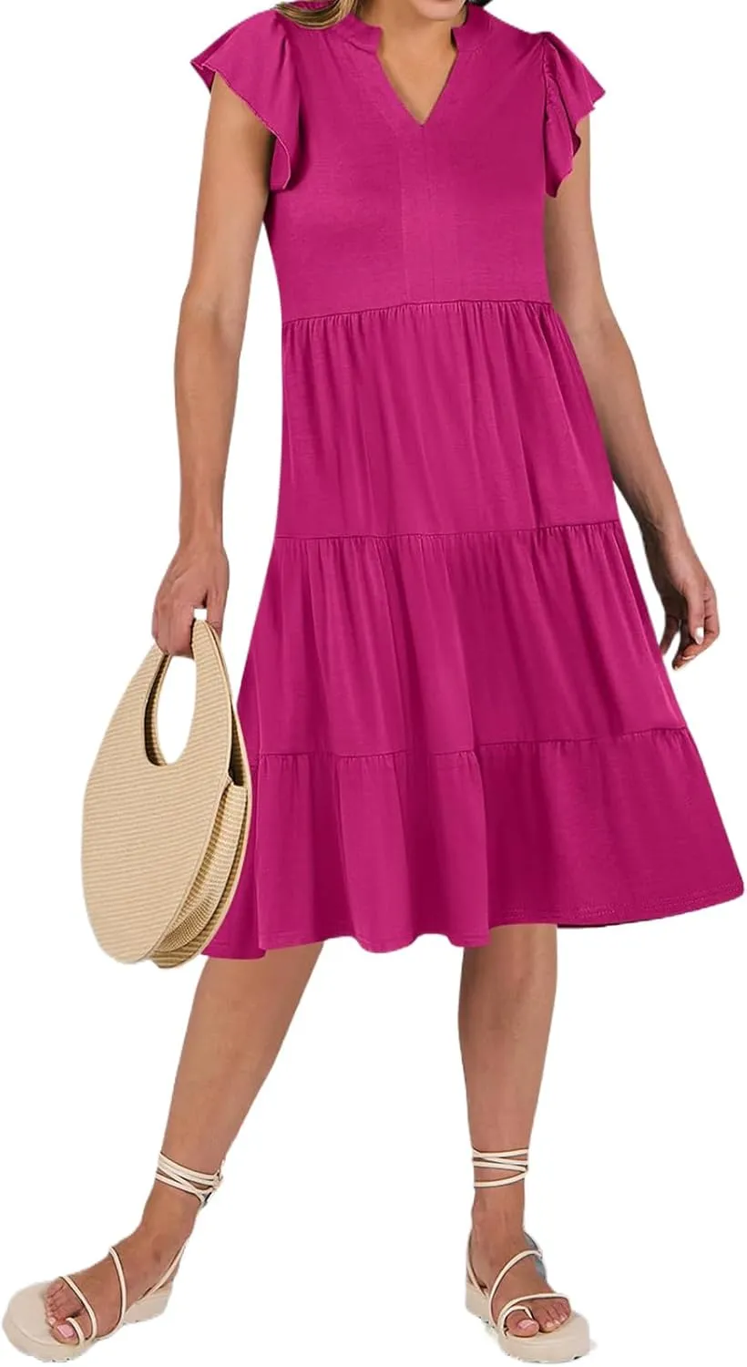Womens Midi Dress Casual Summer Ruffle Sleeve V Neck Trendy Tiered Flowy Boho Dresses 2025 Vacation Sundress