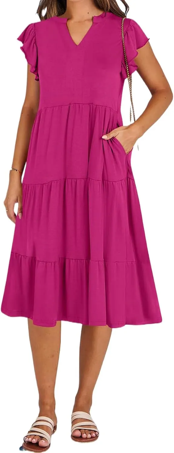 Womens Midi Dress Casual Summer Ruffle Sleeve V Neck Trendy Tiered Flowy Boho Dresses 2025 Vacation Sundress