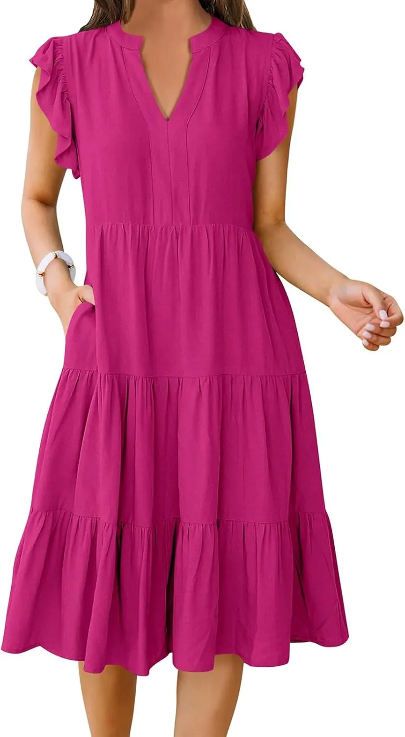 Womens Midi Dress Casual Summer Ruffle Sleeve V Neck Trendy Tiered Flowy Boho Dresses 2025 Vacation Sundress