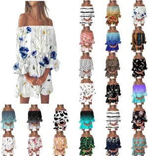 Womens Off Shoulder Summer Dresses Ruffle Floral 3/4 Sleeve Swing Mini Dress Elastic Waist A-Line Wedding Guest Dresses