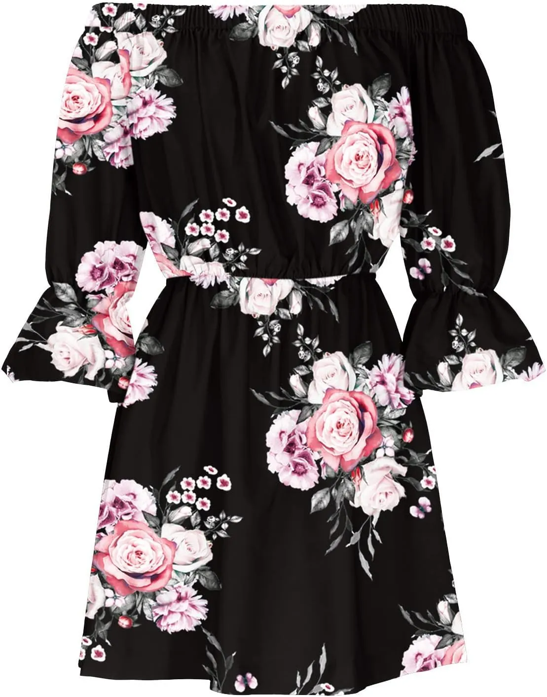 Womens Off Shoulder Summer Dresses Ruffle Floral 3/4 Sleeve Swing Mini Dress Elastic Waist A-Line Wedding Guest Dresses