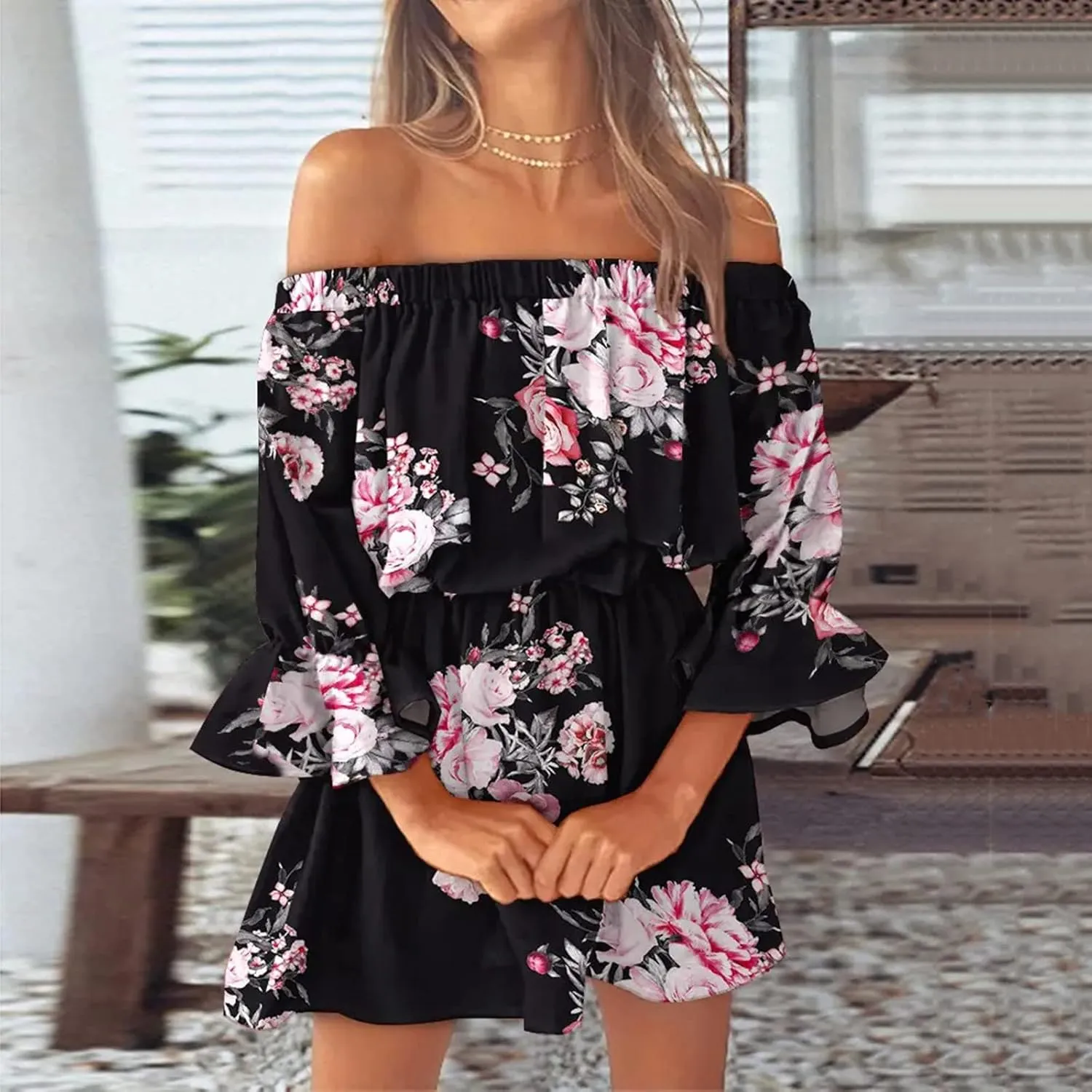 Womens Off Shoulder Summer Dresses Ruffle Floral 3/4 Sleeve Swing Mini Dress Elastic Waist A-Line Wedding Guest Dresses