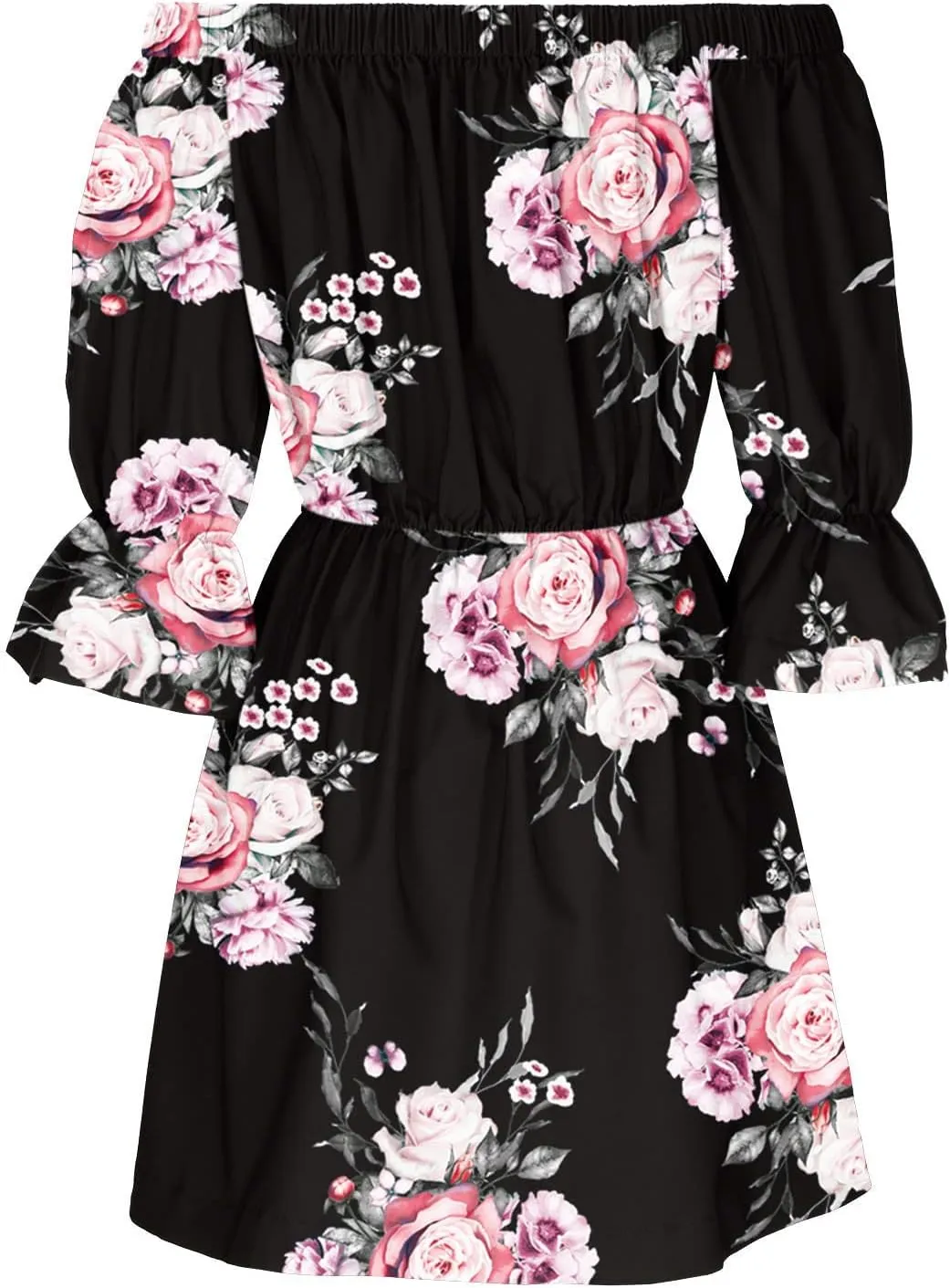 Womens Off Shoulder Summer Dresses Ruffle Floral 3/4 Sleeve Swing Mini Dress Elastic Waist A-Line Wedding Guest Dresses