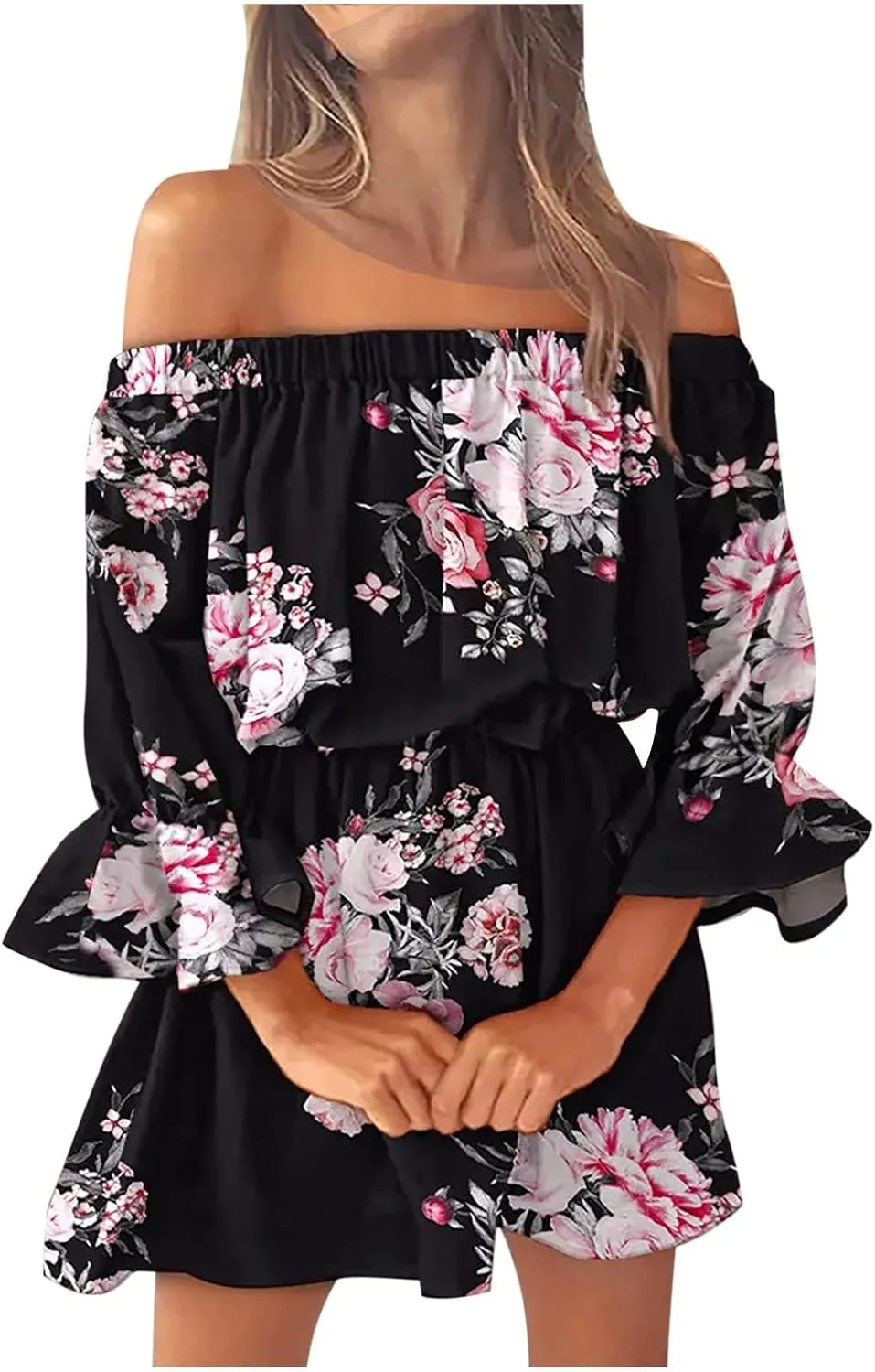 Womens Off Shoulder Summer Dresses Ruffle Floral 3/4 Sleeve Swing Mini Dress Elastic Waist A-Line Wedding Guest Dresses