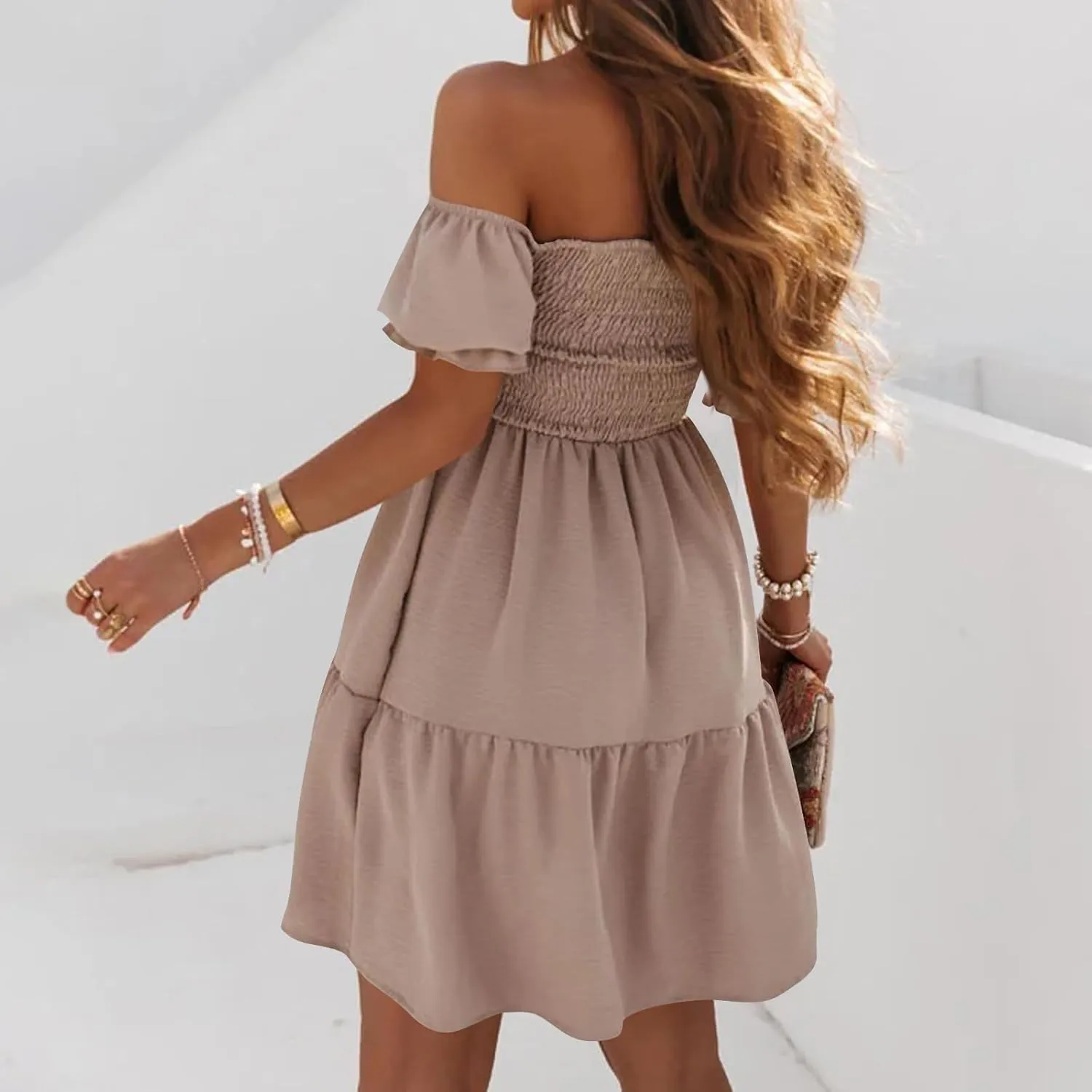 Women's Off The Shoulder Summer Dresses 2025 Short Puff Sleeve Ruffle Elastic Waist A-Line Smocked Casual Mini Dress