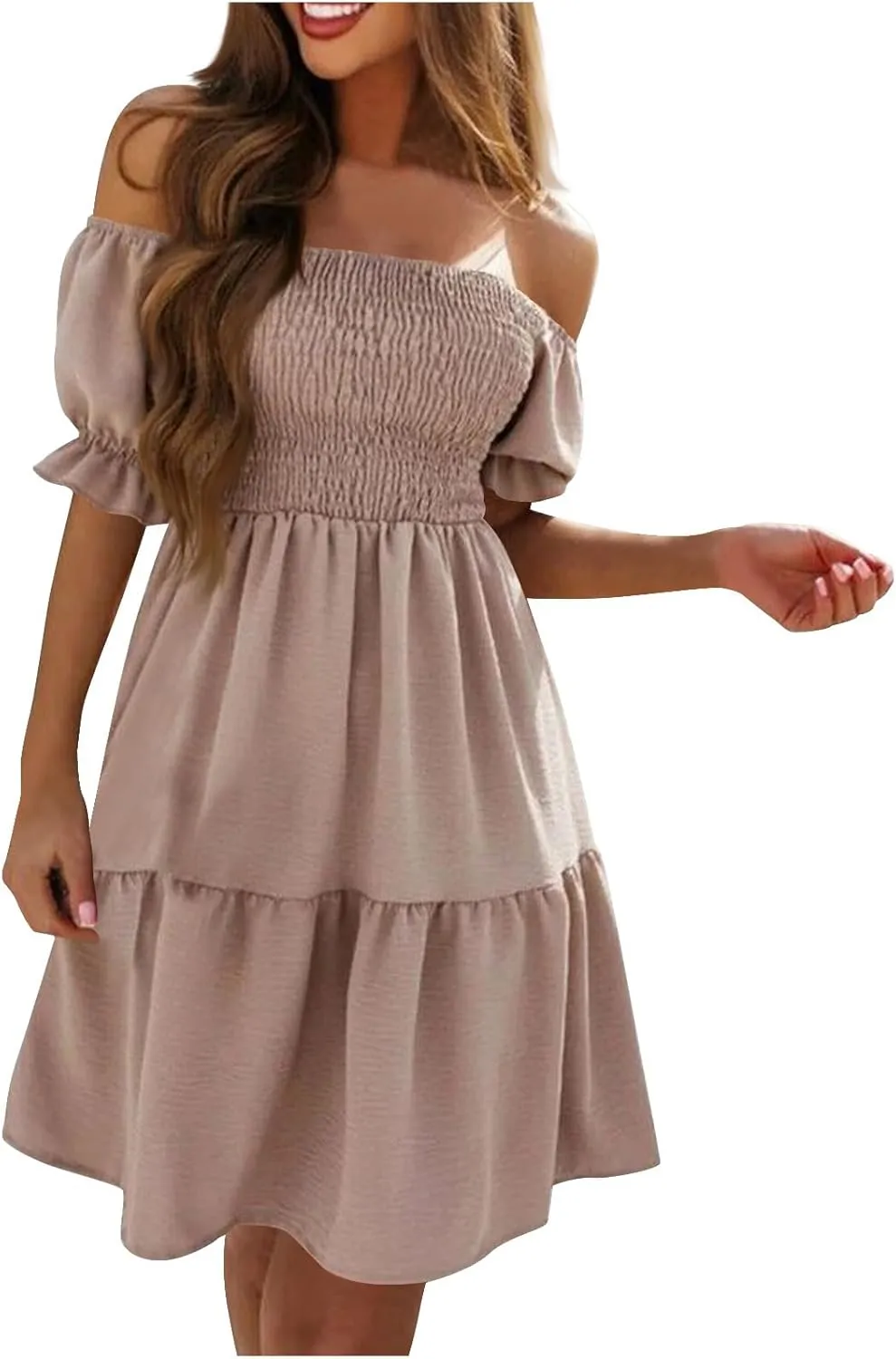 Women's Off The Shoulder Summer Dresses 2025 Short Puff Sleeve Ruffle Elastic Waist A-Line Smocked Casual Mini Dress