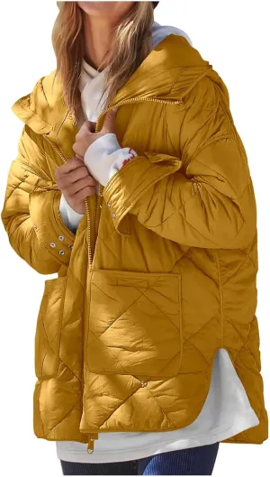 Women's Oversized Lightweight Down Coat Long Sleeve Side Slits Zip Short Puffer Jackets Outdoor Solid Quilted Jacket