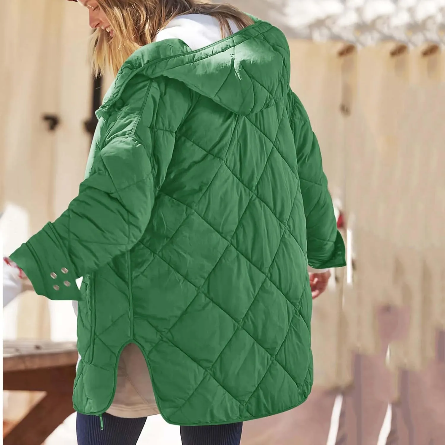 Women's Oversized Lightweight Down Coat Long Sleeve Side Slits Zip Short Puffer Jackets Outdoor Solid Quilted Jacket