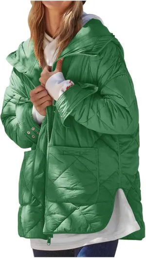 Women's Oversized Lightweight Down Coat Long Sleeve Side Slits Zip Short Puffer Jackets Outdoor Solid Quilted Jacket