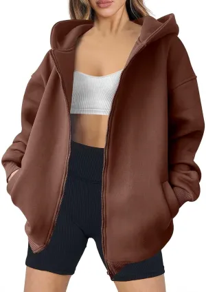 Women's Oversized Zip Up Hoodies Fleece Jacket Casual 2024 Fall Winter Hooded Sweatshirts Drawstring Y2K Hoodie
