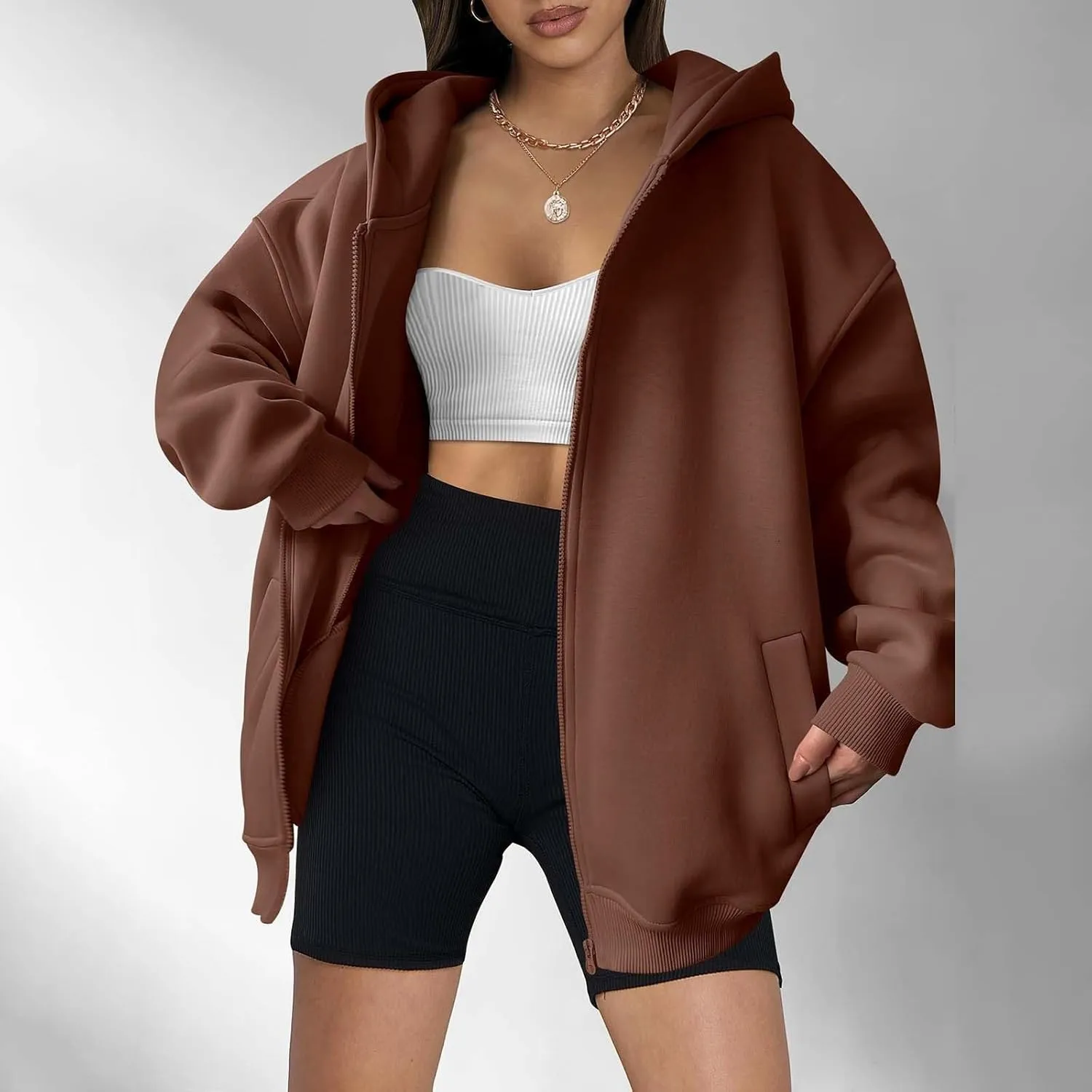 Women's Oversized Zip Up Hoodies Fleece Jacket Casual 2024 Fall Winter Hooded Sweatshirts Drawstring Y2K Hoodie