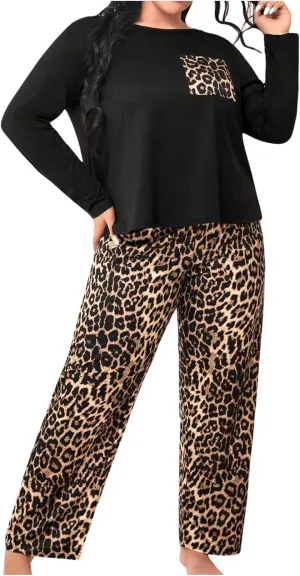 Women's Plus Size Pajama Sets 2 Piece Long Sleeve Pj Sets with Leopard Printed Long Pants Sleepwear Lounge Sets