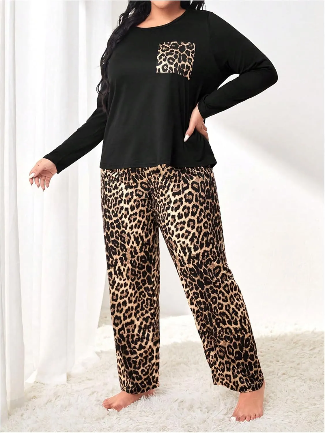 Women's Plus Size Pajama Sets 2 Piece Long Sleeve Pj Sets with Leopard Printed Long Pants Sleepwear Lounge Sets