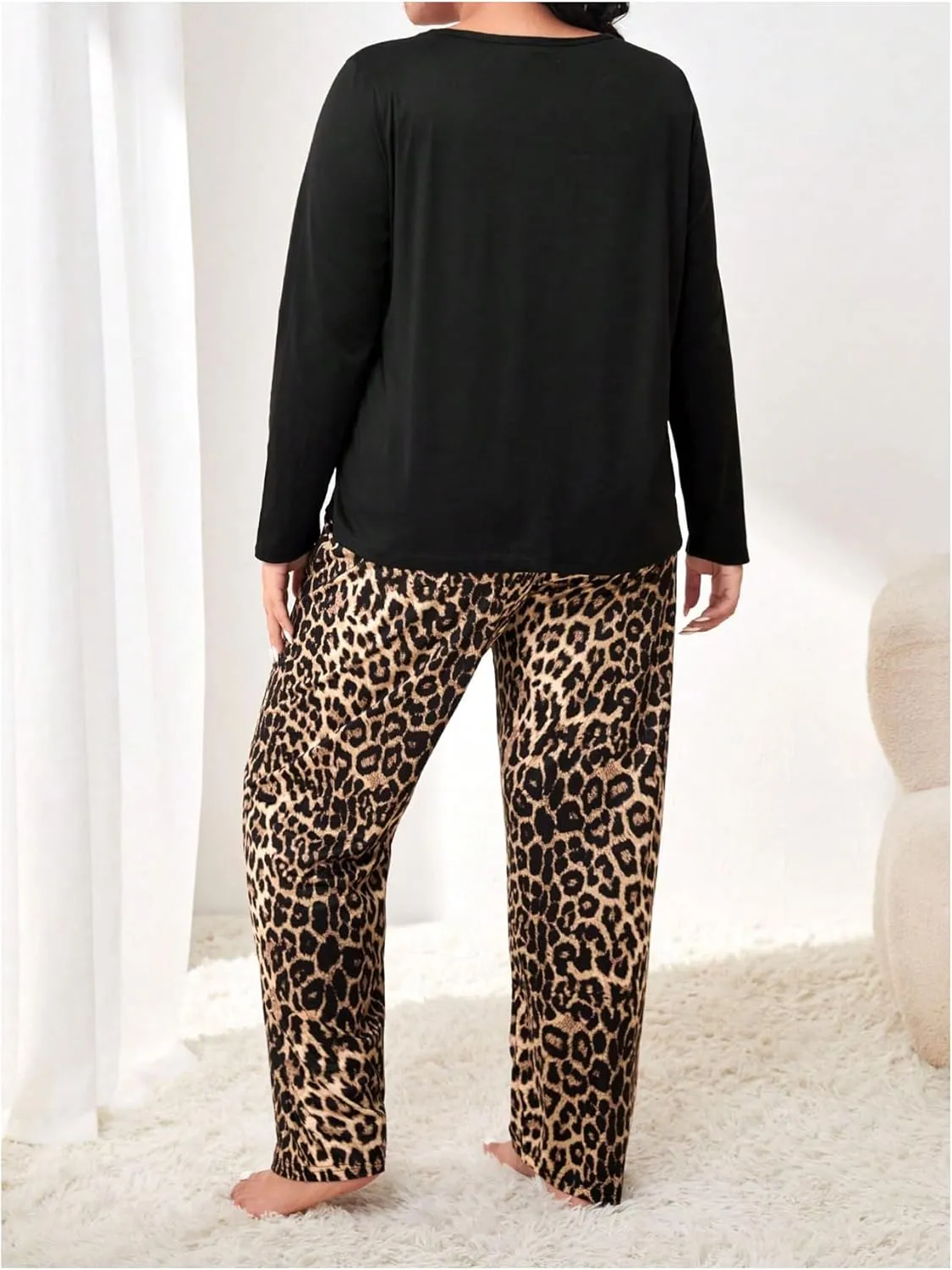 Women's Plus Size Pajama Sets 2 Piece Long Sleeve Pj Sets with Leopard Printed Long Pants Sleepwear Lounge Sets
