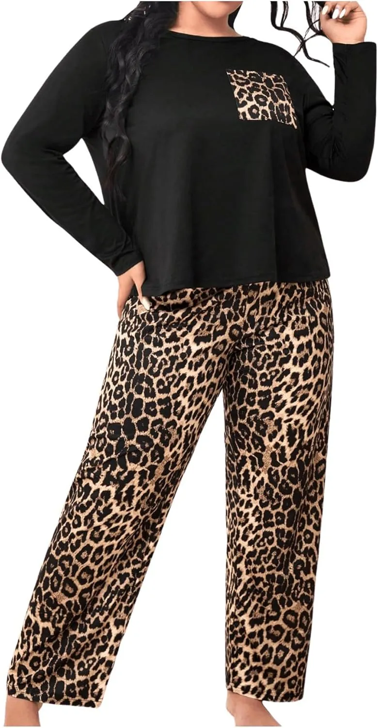 Women's Plus Size Pajama Sets 2 Piece Long Sleeve Pj Sets with Leopard Printed Long Pants Sleepwear Lounge Sets