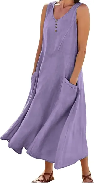 Women's Plus Size Summer Floral Dresses 2025 Trendy Sleeveless Dresses Casual Baggy Flowy Maxi Sun Dresses Pocket