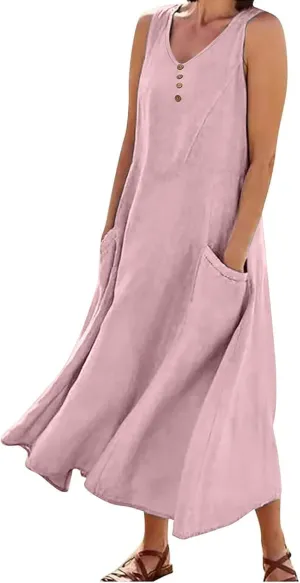 Women's Plus Size Summer Floral Dresses 2025 Trendy Sleeveless Dresses Casual Baggy Flowy Maxi Sun Dresses Pocket