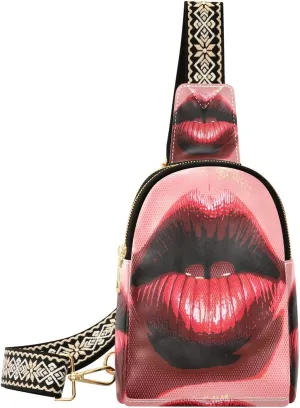 Women's Red Lips Fanny Pack Crossbody PC Leather Small Sling Bag for Women Pop Art Style Fashion Waist Packs Chest Bag for Travel Sports Running Hiking