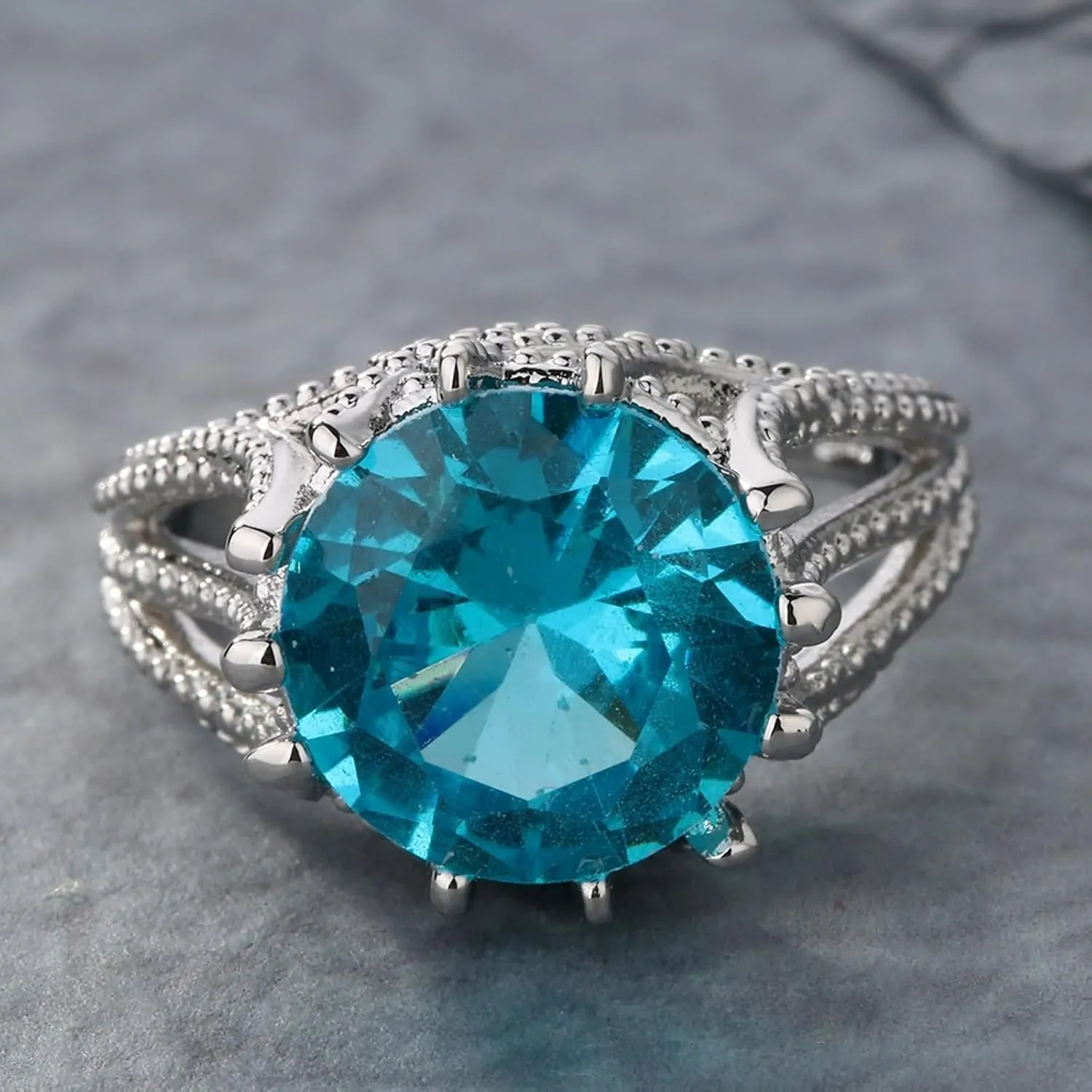Womens Ring Set, Ring Jewelry Dainty with Round Light Blue Cubic Zirconia Memorial Jewelry for Women