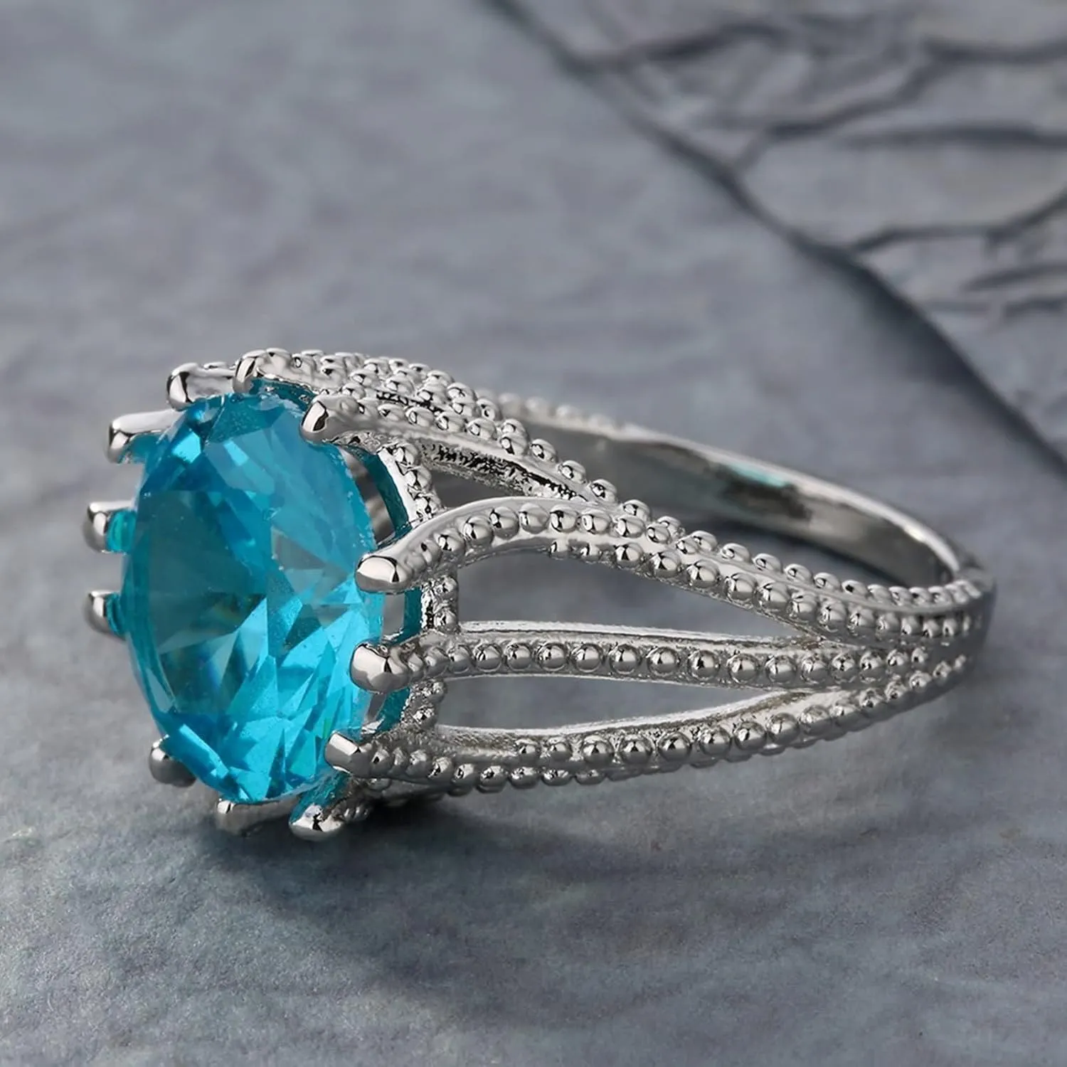 Womens Ring Set, Ring Jewelry Dainty with Round Light Blue Cubic Zirconia Memorial Jewelry for Women